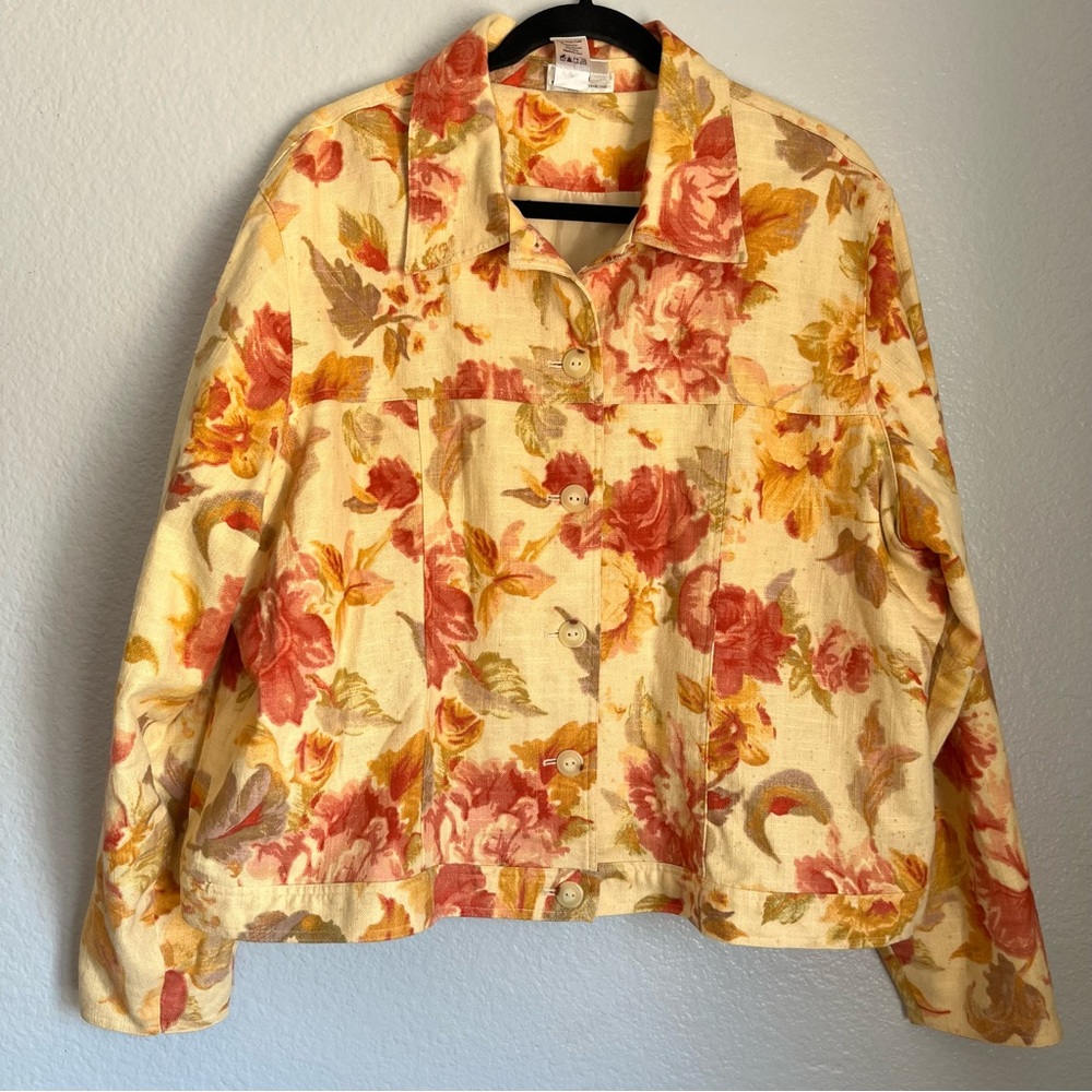 Coldwater Creek Floral Jacket Blazer Yellow Orange Linen Blend Button Up Lined